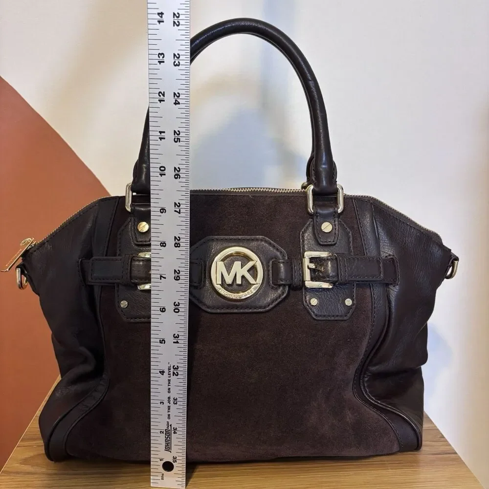 Michael Kors Large Hudson Satchel Suede Leather Coffee Brown Gold $398 Boho Chic